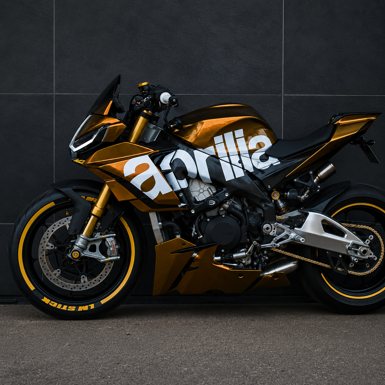 Black and gold Aprilia sport motorcycle with bold custom racing graphics.