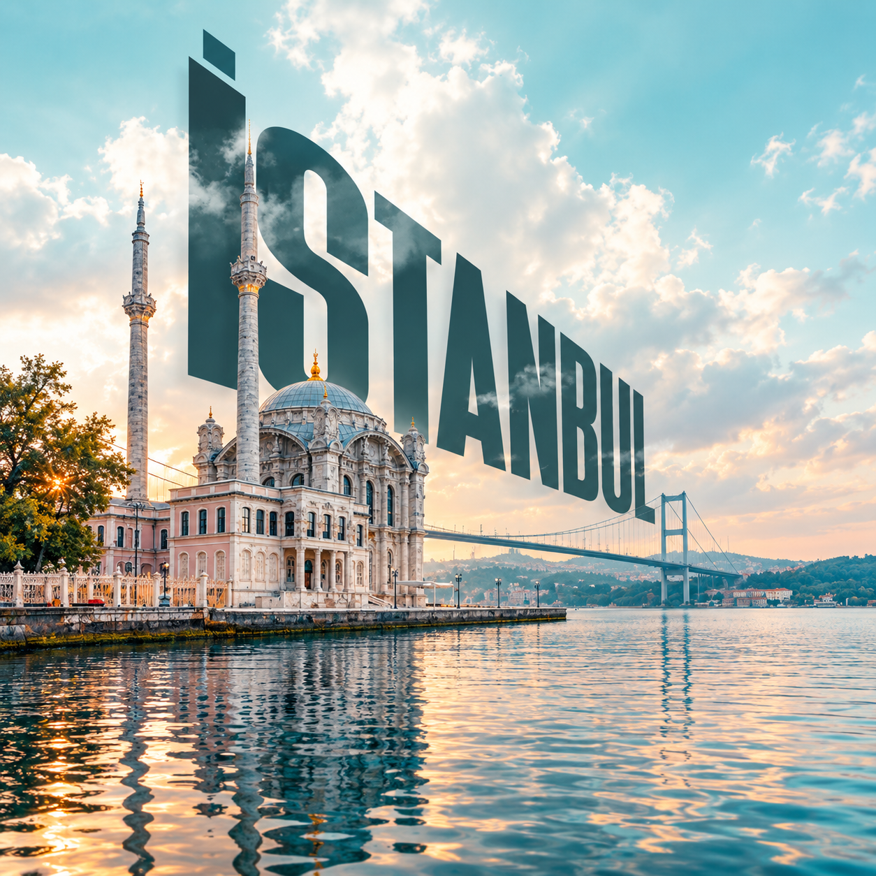 Waterside Istanbul mosque and bridge with dramatic dark teal perspective Istanbul text.