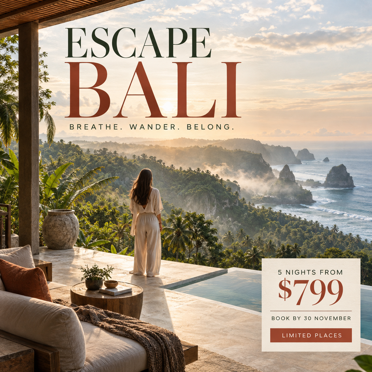 Escape Bali travel flyer featuring a woman overlooking a tropical coastline from a luxury villa.