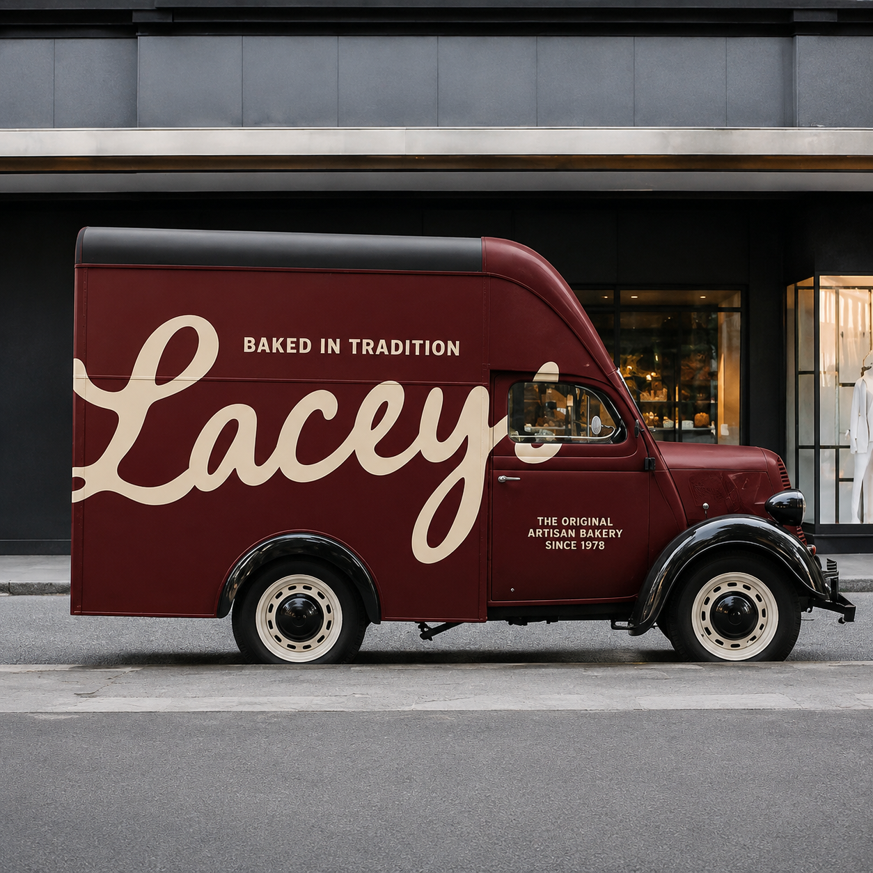 Maroon vintage bakery truck with large cream script lettering and artisan bakery branding.
