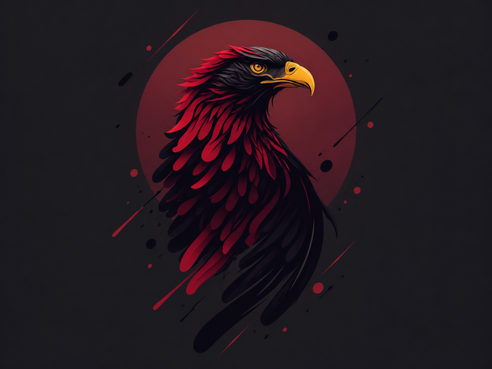 Majestic side-profile eagle with black and burgundy feathers, golden beak, and dark circular background.