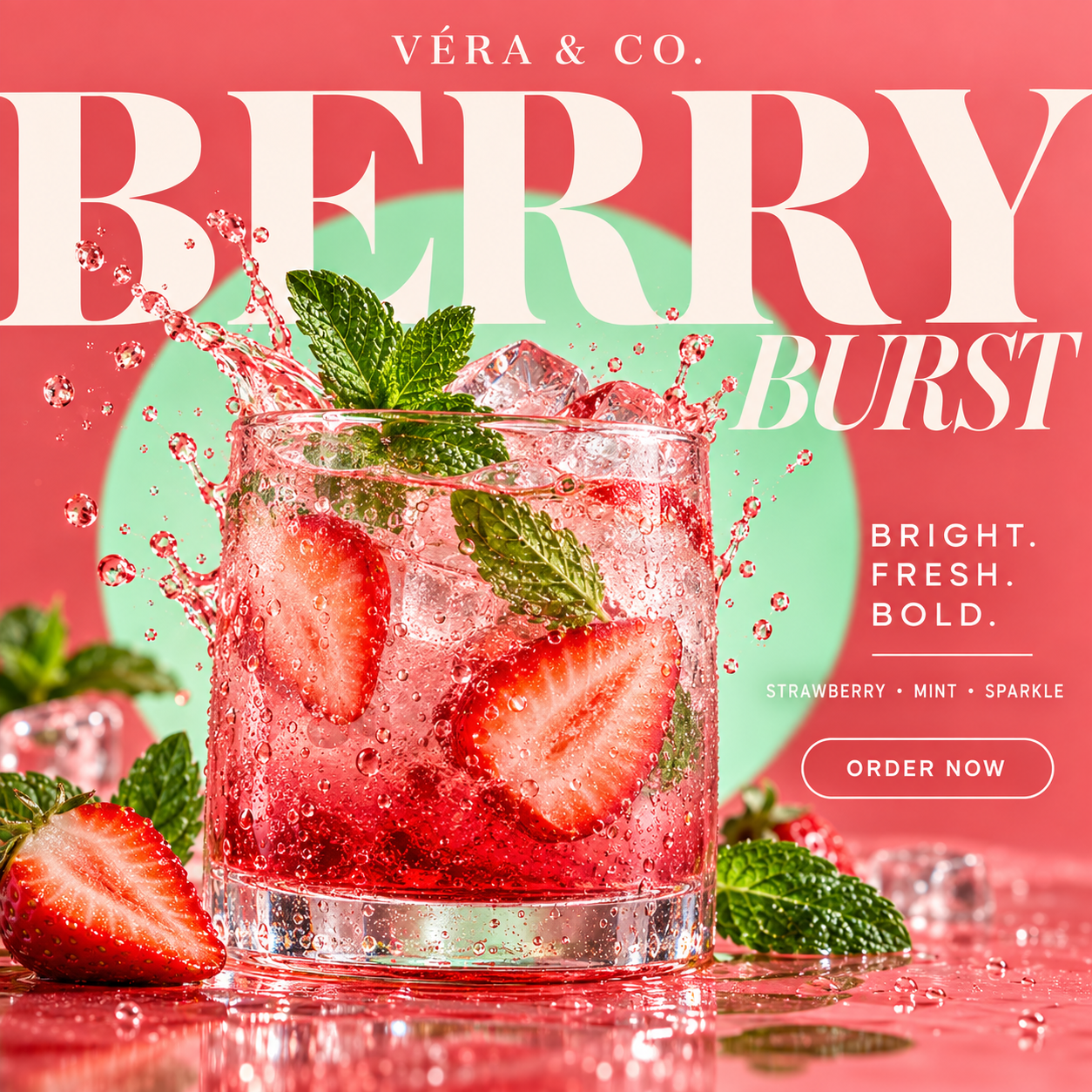 Strawberry and mint sparkling drink advertisement.