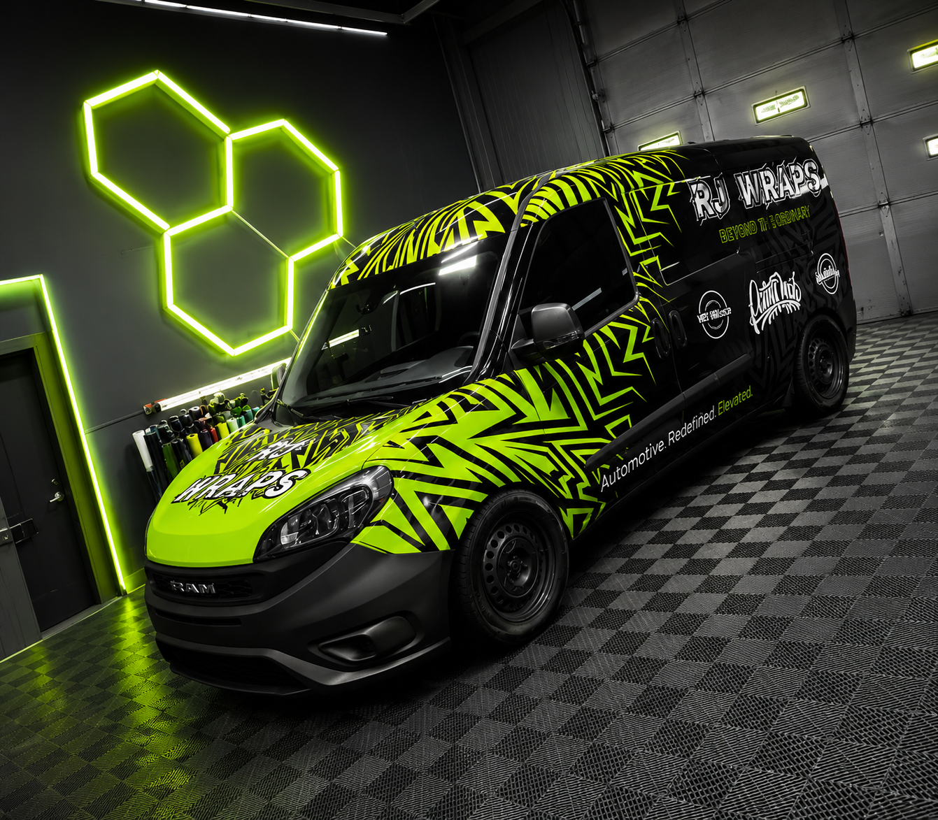 Custom black and lime green Express Signs van wrap with bold honeycomb graphics