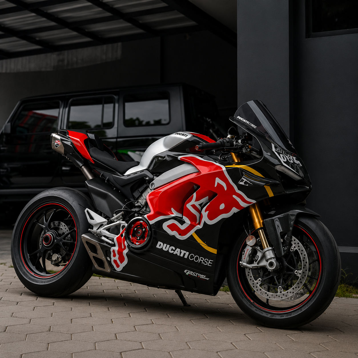 Red and black Ducati sport motorcycle with custom racing-style graphics.