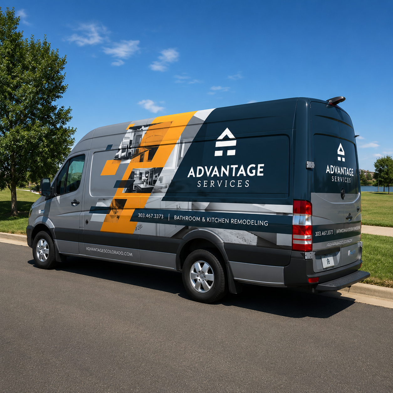 Grey and navy service van with orange geometric graphics and home remodeling branding.