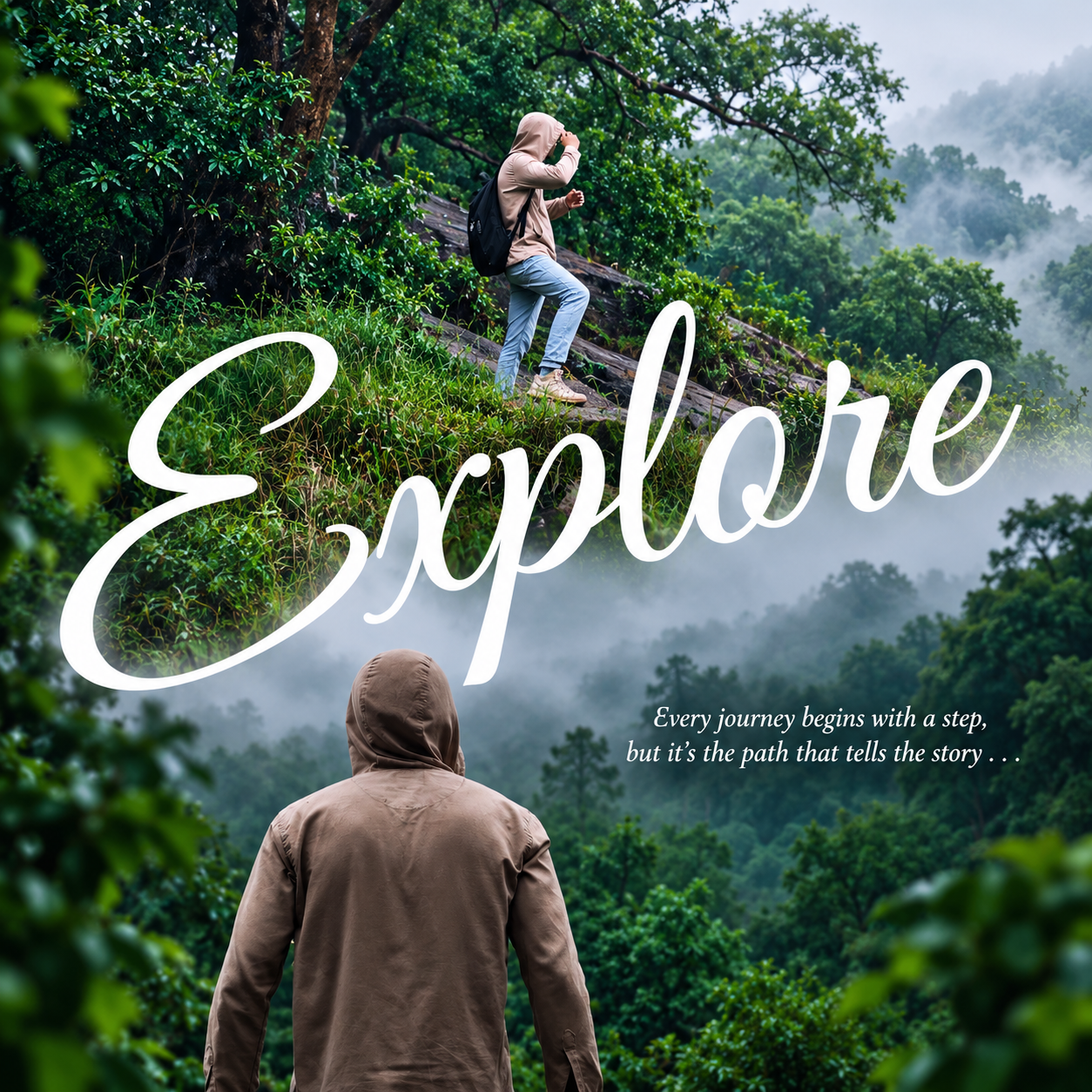 Hooded hiker on a misty forest trail with large white Explore script lettering.