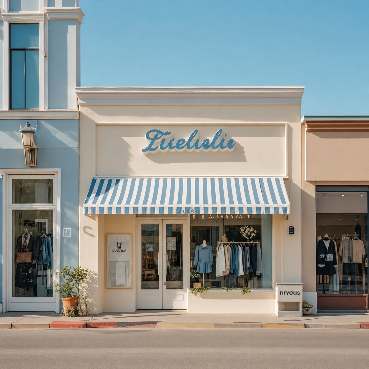 Fashion boutique storefront mockup with blue striped awning and clothing