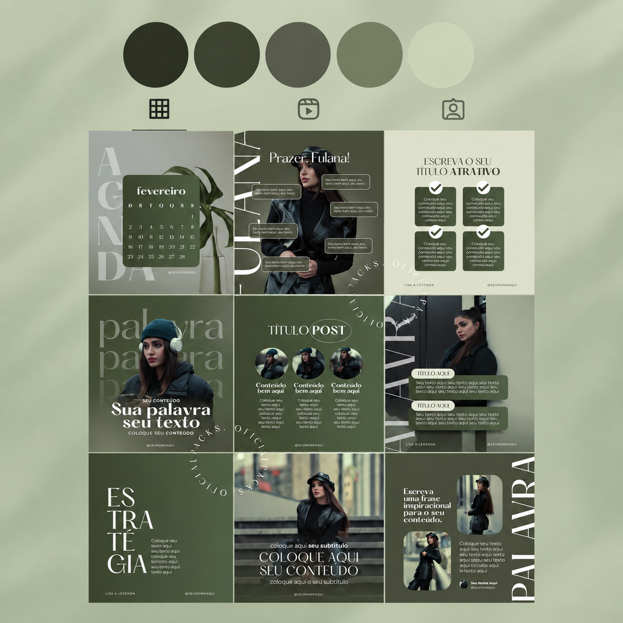 Olive-green Instagram grid with fashion portraits, calendar, typography, and editable post templates.