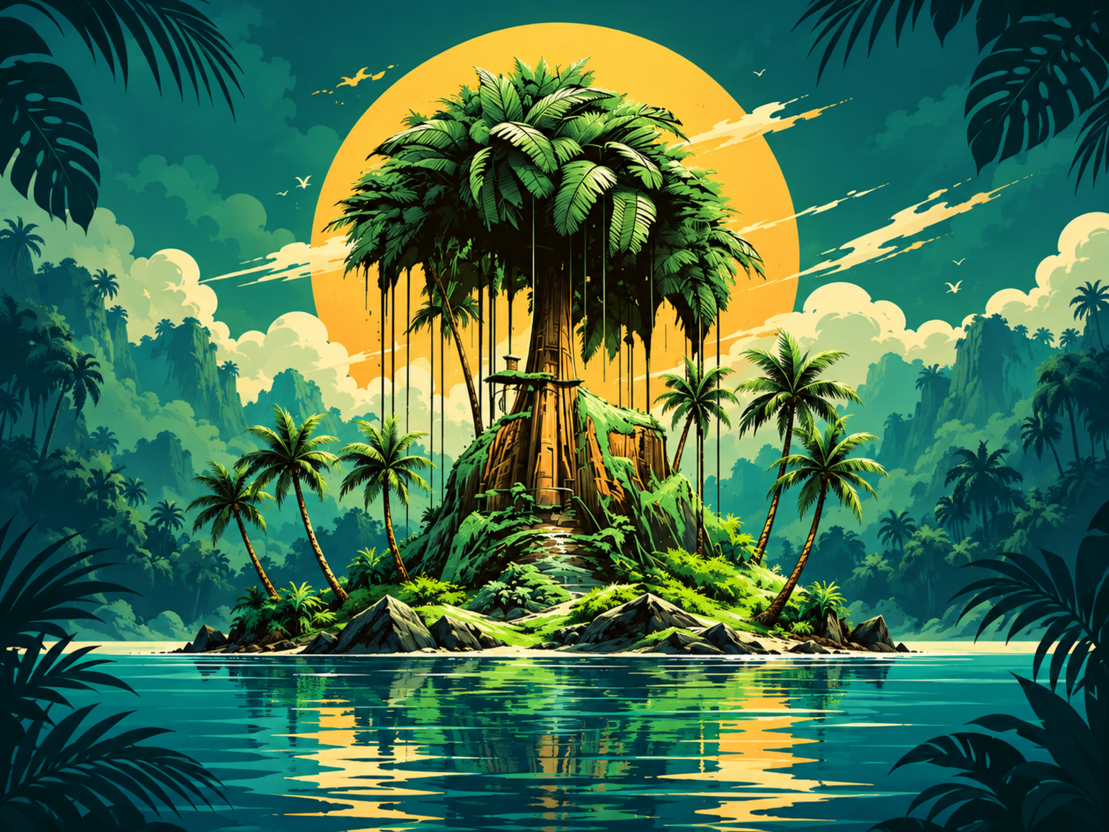 Colorful fantasy tropical tree growing on a small island surrounded by palm trees and reflective water.