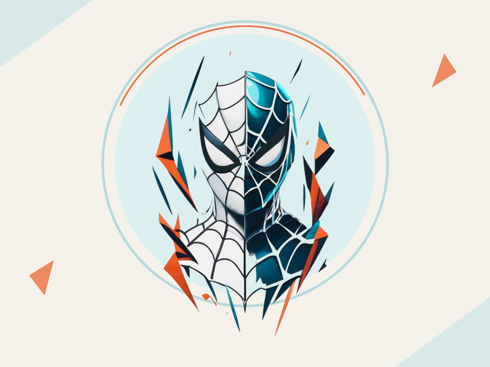 Futuristic split arachnid mask with web patterns and angular shapes on a teal, navy, and coral geometric background.
