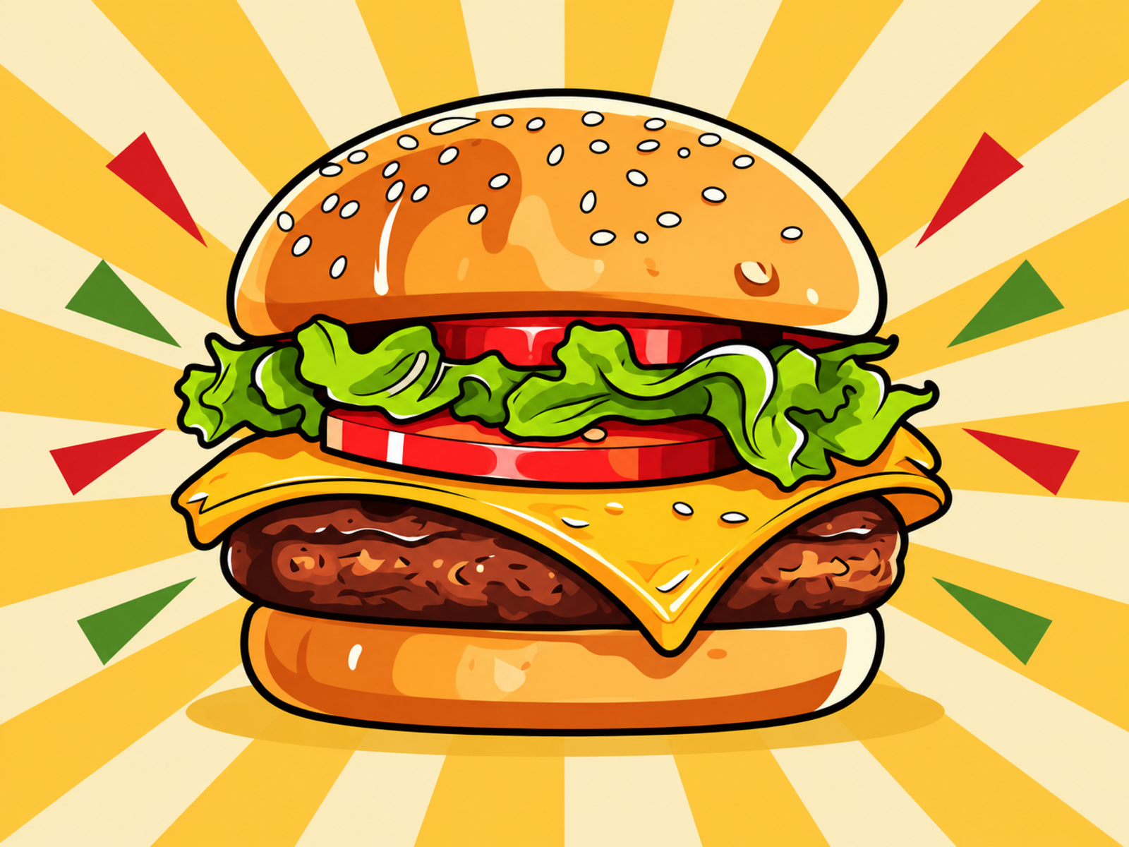 Colorful vector cheeseburger with lettuce, tomato, melted cheese, sesame bun, and yellow sunburst background.