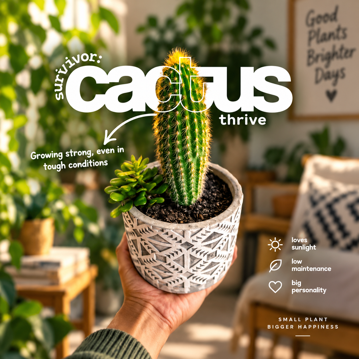 Hand holding a patterned white pot with a tall cactus and bold white cactus typography.