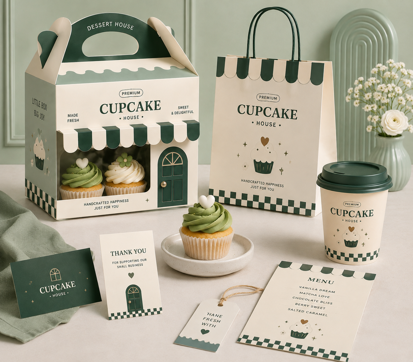 Cupcake brand packaging, takeaway coffee cup, and dessert presentation mockup