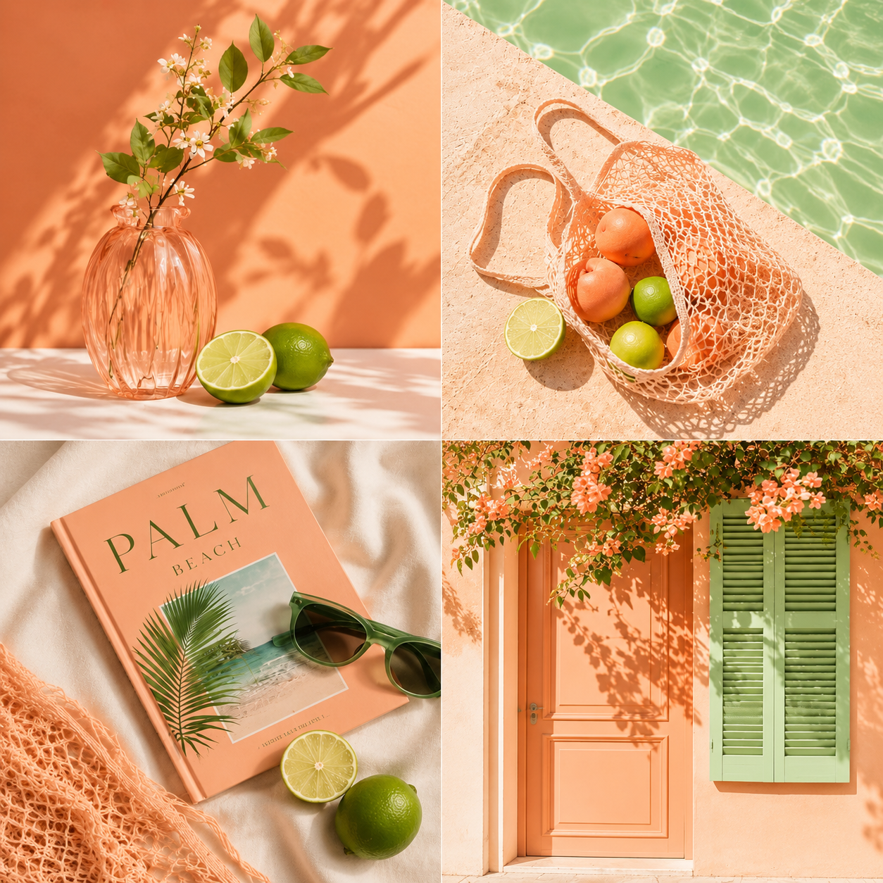 Four-panel peach and green summer collage with limes, fruit bag, book, vase, and colourful door.