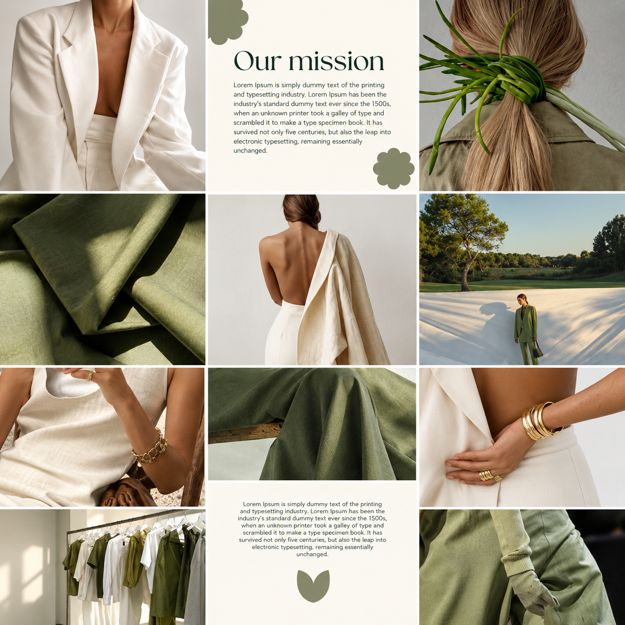 Fashion moodboard in white, beige, and olive green featuring linen clothing, fabric textures, jewellery, and editorial lifestyle photos.