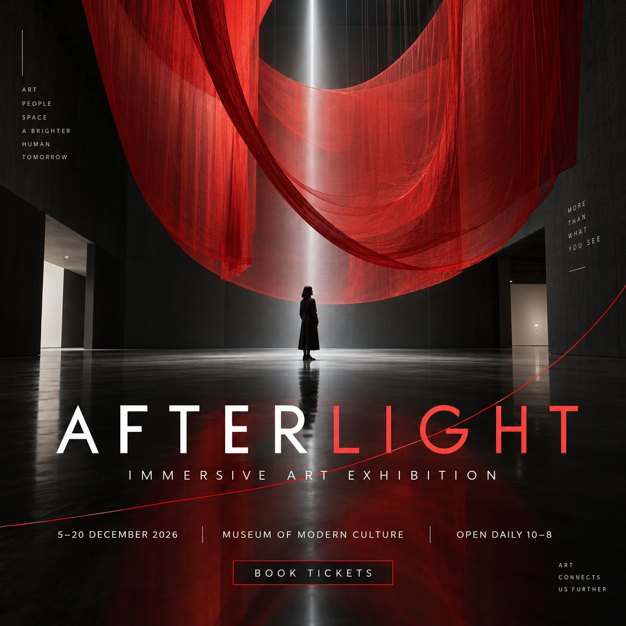 Afterlight exhibition flyer with suspended red fabric.