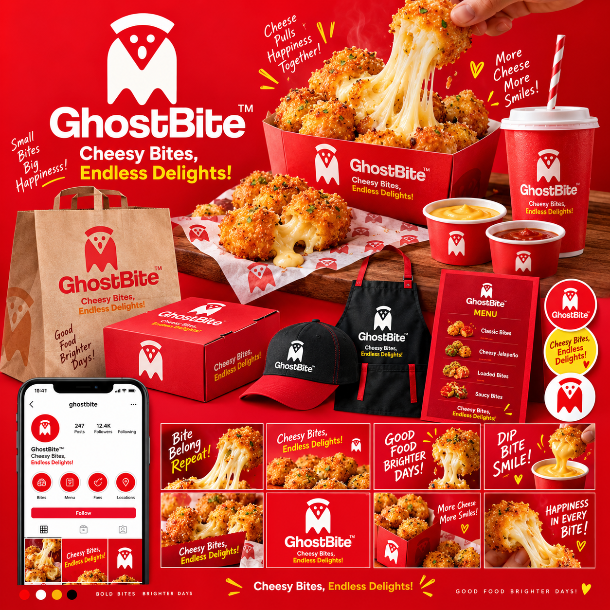 GhostBite food packaging and social media branding.