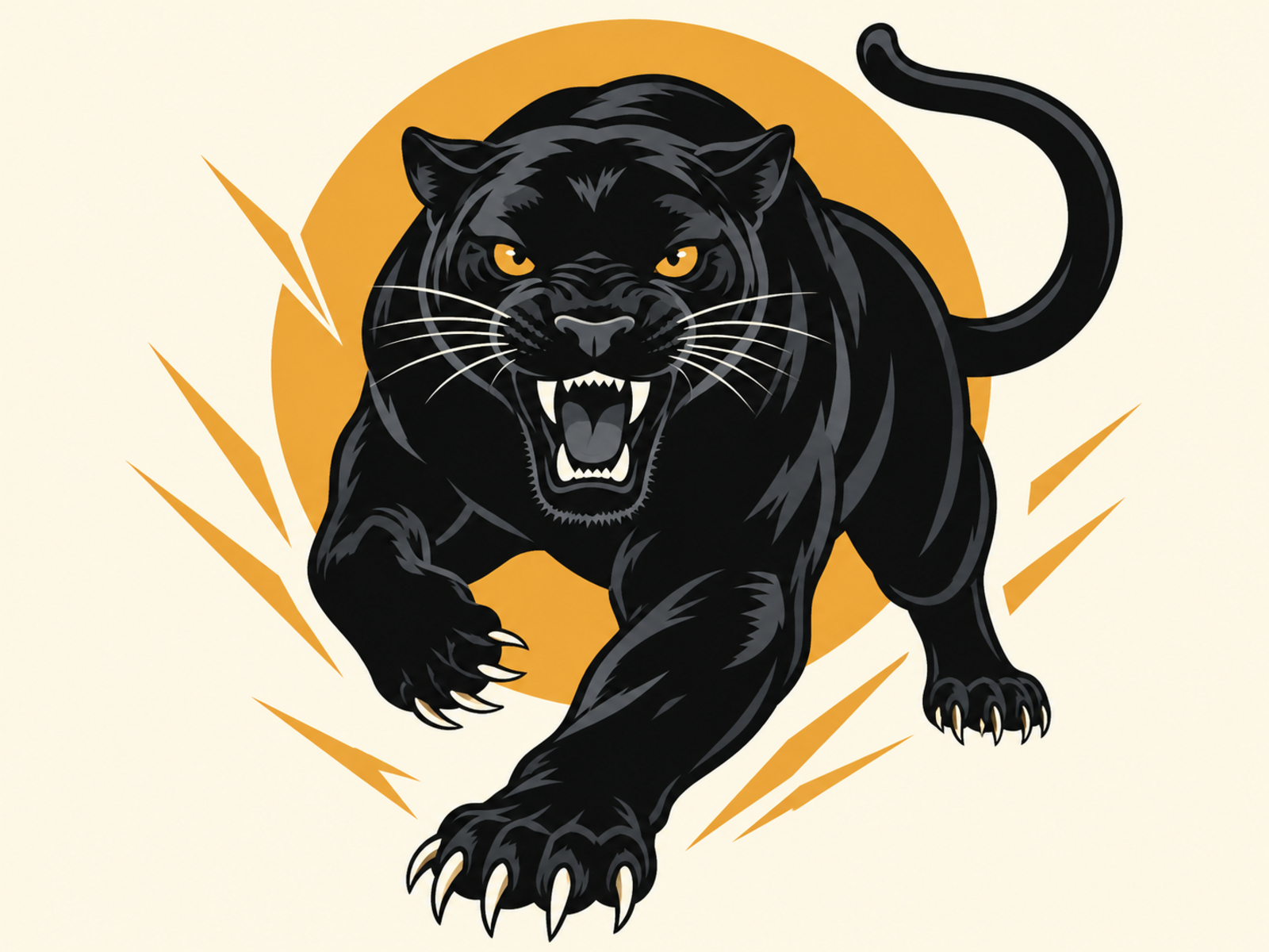 Aggressive black panther charging forward with amber eyes and a warm golden circular background.