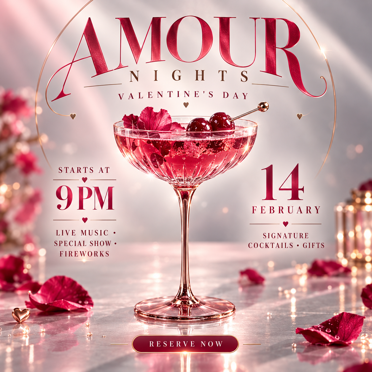Pink Valentine cocktail event flyer.