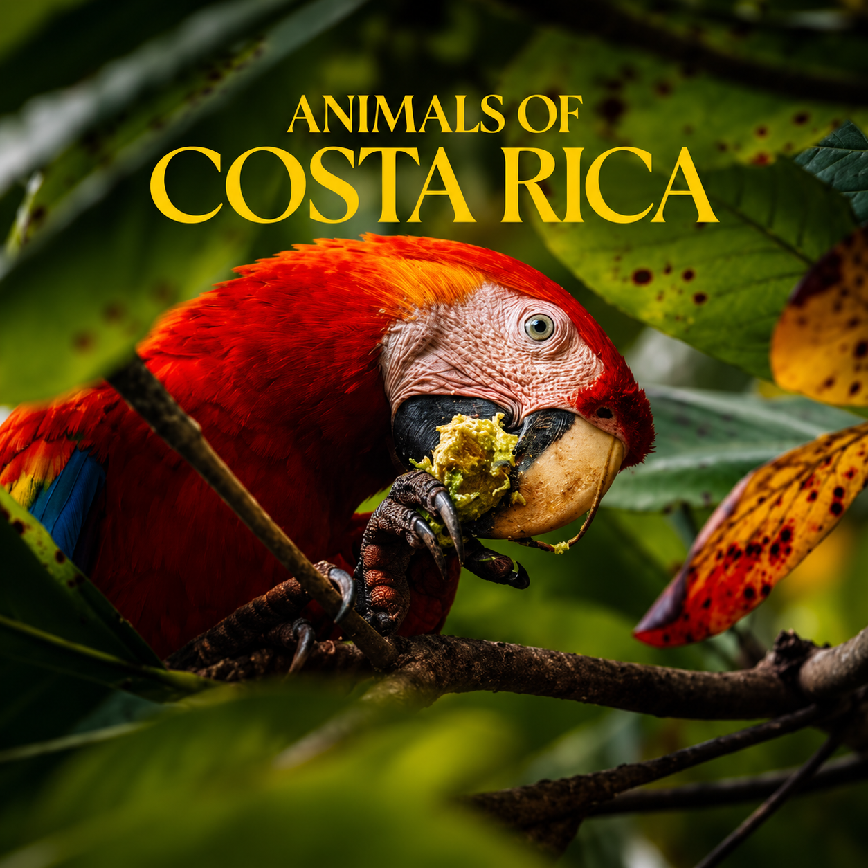 Scarlet macaw eating fruit among dark green tropical leaves with Animals of Costa Rica text.