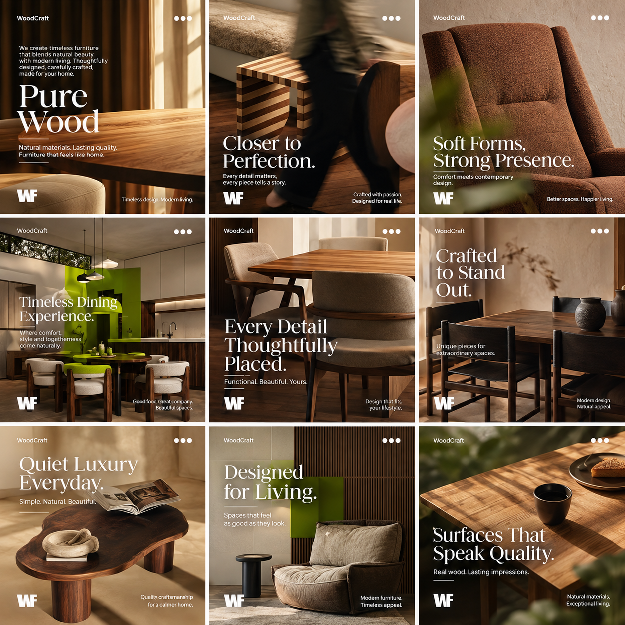 Nine-panel WoodCraft furniture Instagram grid featuring wooden tables, dining spaces, armchairs, and warm modern interiors.