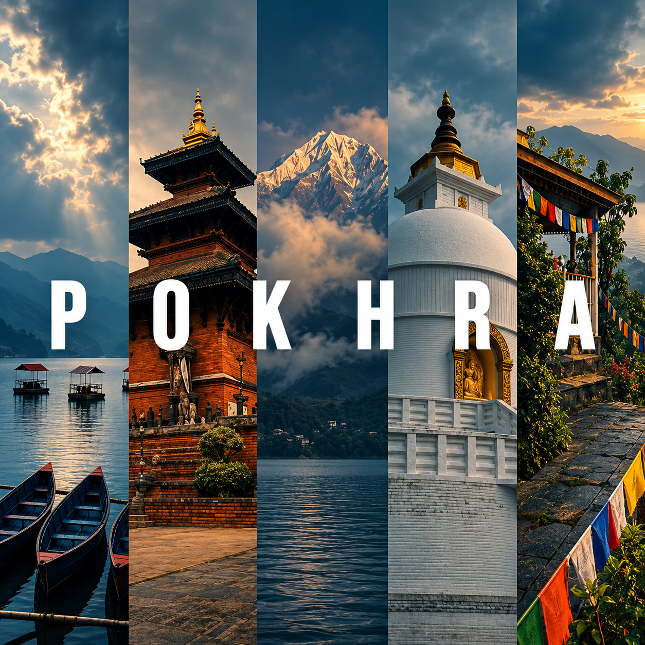 Five vertical travel photographs of Pokhara featuring boats, a pagoda, mountain, stupa, and colourful temple terrace.