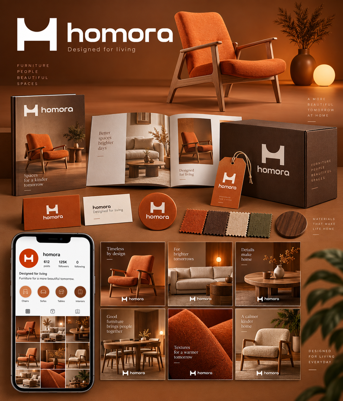 Homora furniture branding and social media showcase.