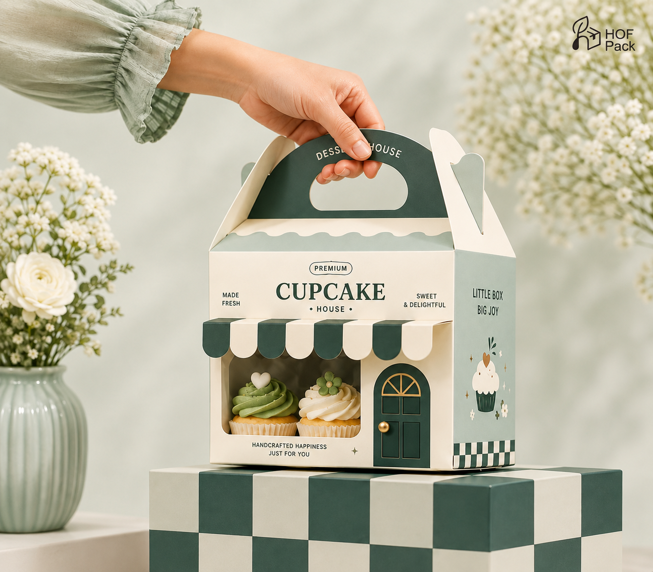 Sage green cupcake packaging mockup with floral background