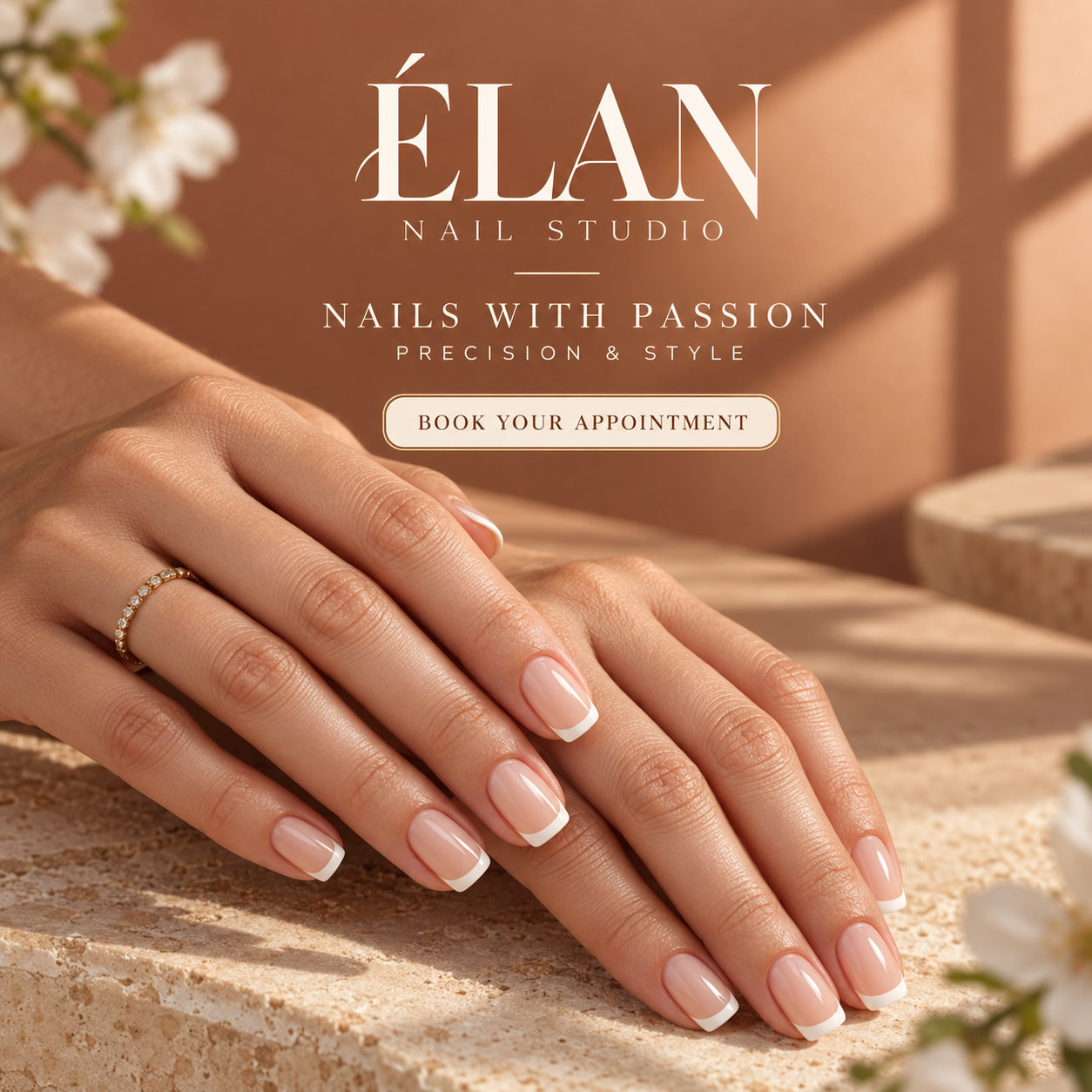 Élan nail salon flyer featuring a French manicure.