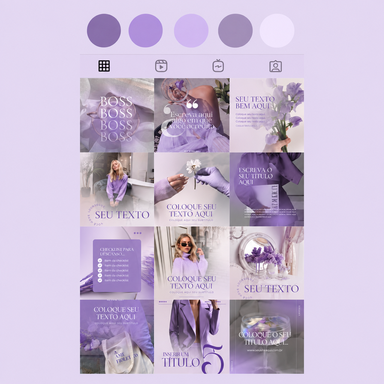 Soft lavender social media templates for elegant beauty, fashion, and lifestyle content.