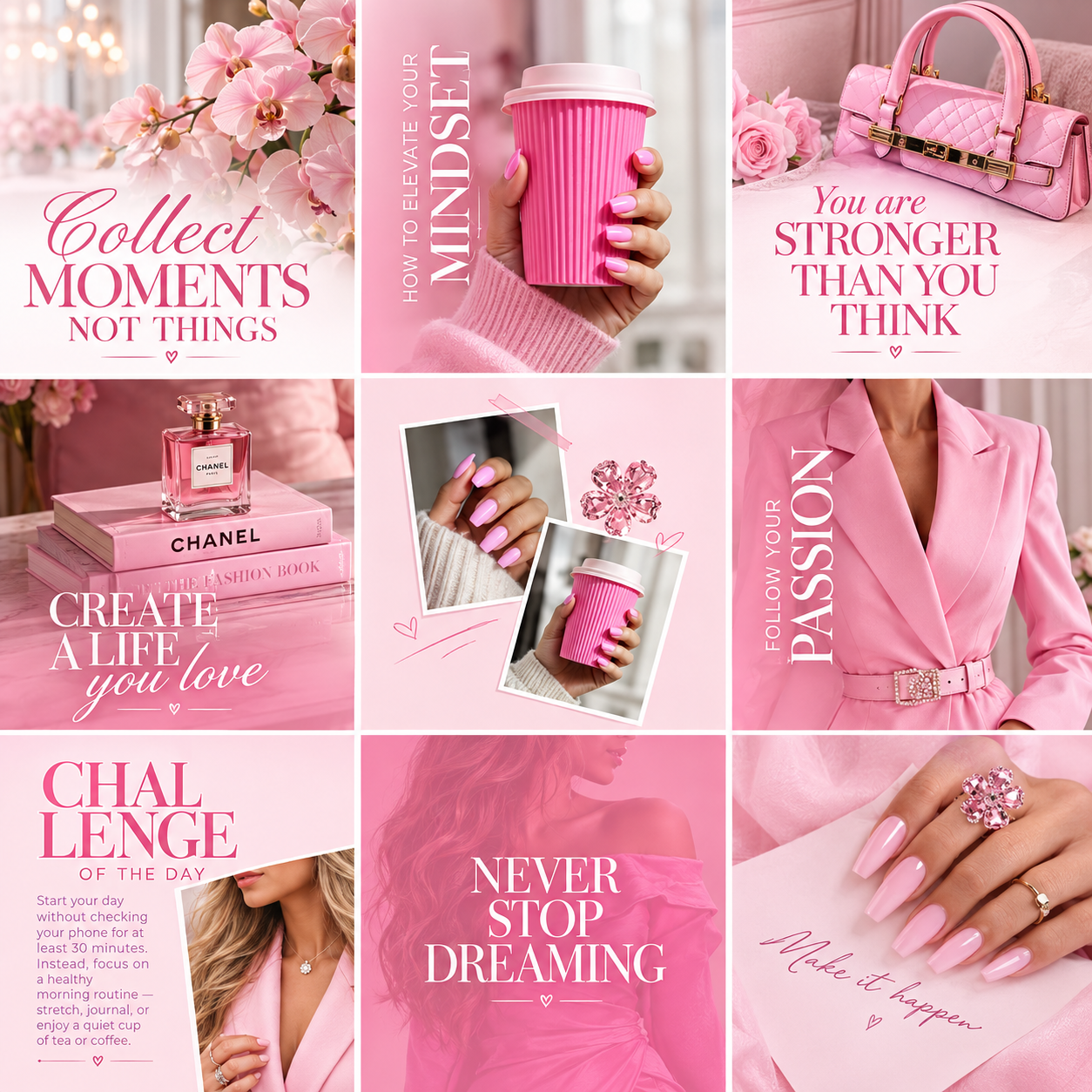 Nine-panel pink lifestyle Instagram grid with orchids, handbag, perfume, coffee cup, manicure, and inspirational quotes.