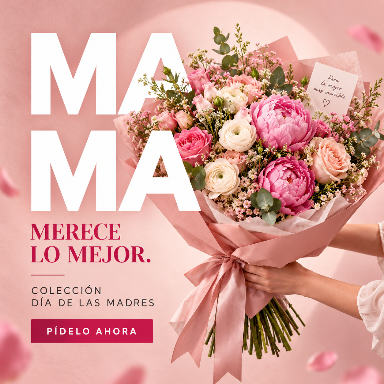 Mother’s Day flyer with a pink flower bouquet.